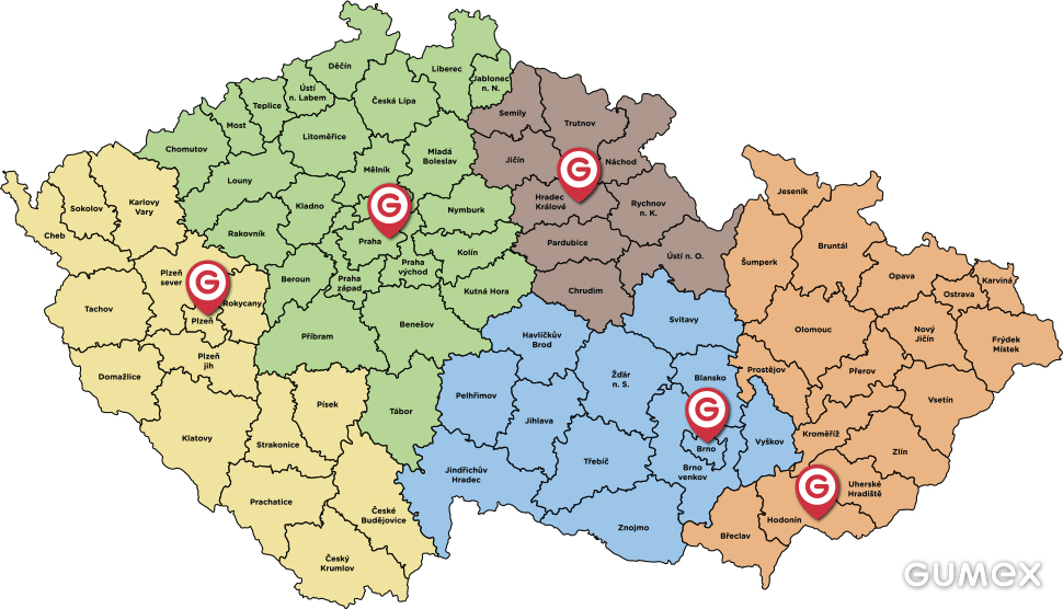 Mapa s označením regionů